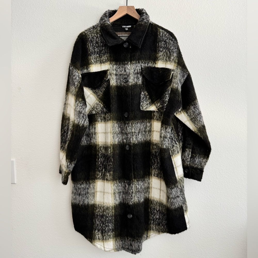 Steve Madden NEW Black Green Long Plaid Shirt Jacket Shacket Fall Coat Size XXL